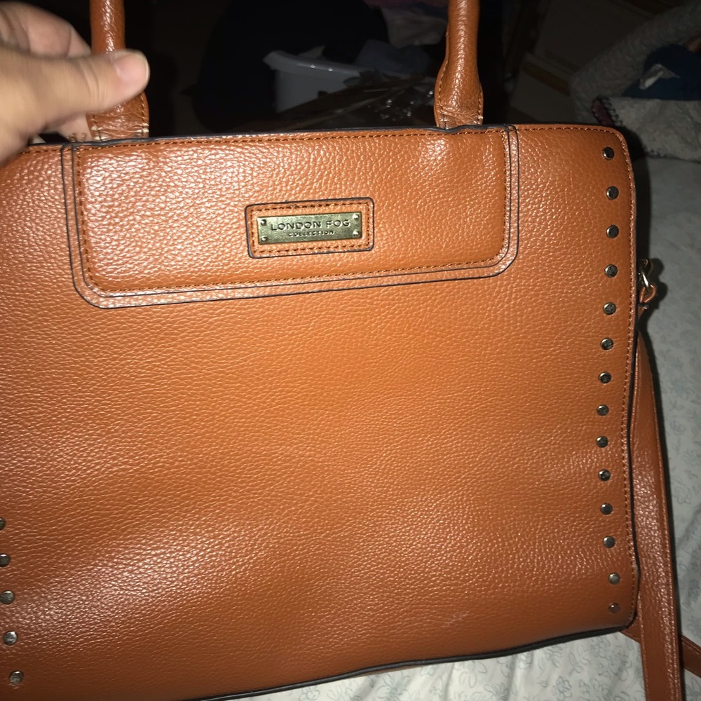 London Fog Cognac Pebbled Leather Shoulder Bag with Stud Accents